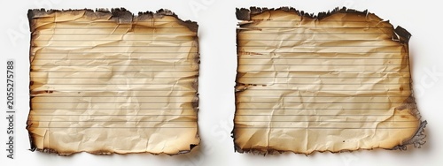 Torn burned lined sheet paper, aged document, white space, historic backdrop