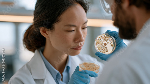 Hospital infection control nurse photographing antibiotic-resistant culture plate results in microbiology laboratory, magnified zone of inhibition absent around drug disc,