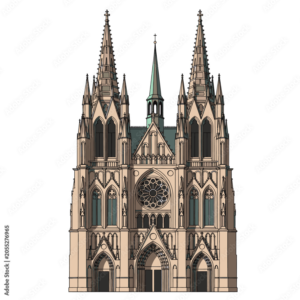 Fototapeta premium Majestic Gothic Cathedral Architecture Detailed Facade and Medieval Church Building Render