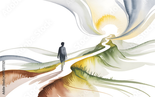 A person walks along a winding path through an abstract landscape isolated on a transparent background
