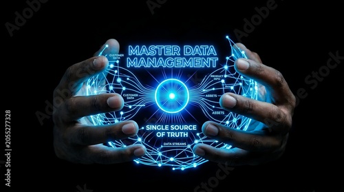 Master Data Management Concept with Digital Hands and Data Network.