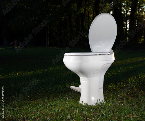 THis RV throne know as a plastic foilet has been thrown onto a field