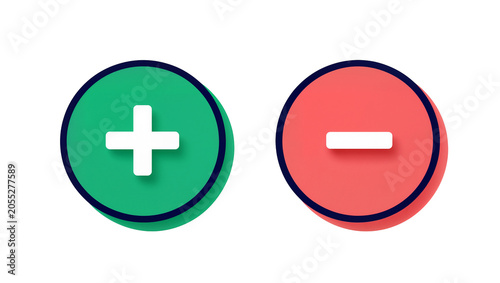 Foto Isolated plus and minus signs in green and red circles for adding or removing it