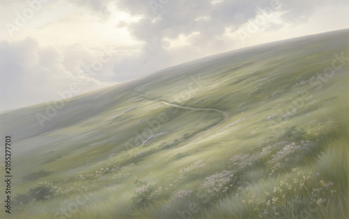 A winding path climbs a serene green hillside with wildflowers isolated on a transparent background