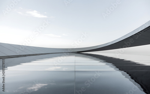 Curved concrete structure reflected in a calm water surface isolated on a transparent background