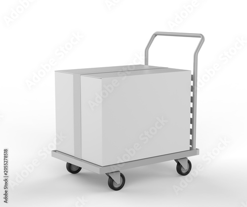 Delivery Box on Hand Truck Mockup, 3D render illustration of blank cardboard shipping boxes placed on a platform trolley. Clean white packaging cartons on a warehouse hand truck with wheels.