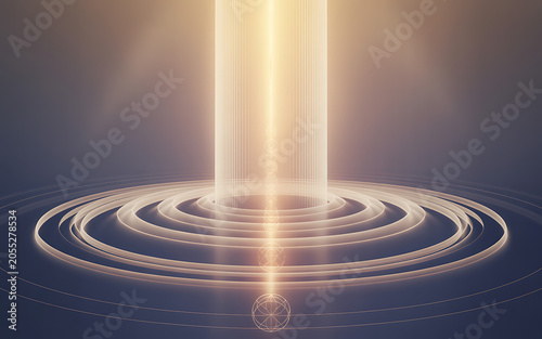 Glowing cylindrical light beam with concentric circles isolated on a transparent background