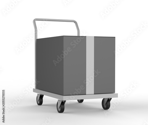 Delivery Box on Hand Truck Mockup, 3D render illustration of blank cardboard shipping boxes placed on a platform trolley. Clean white packaging cartons on a warehouse hand truck with wheels.