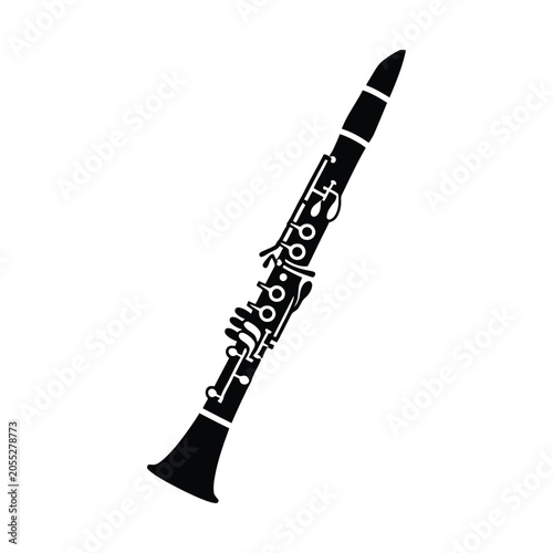 Clarinet silhouette vector illustration, black woodwind musical instrument icon isolated on white, classical orchestra clarinet graphic for jazz music posters and concert flyers