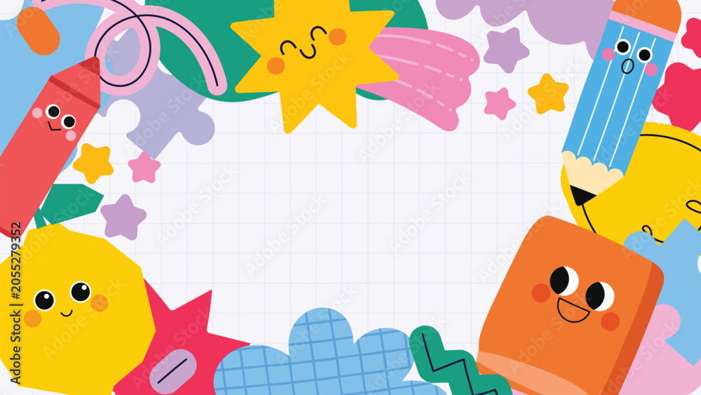 Fototapeta premium Back to school 4K video frame vector background with colorful geometric doodles, grid paper copy space, cute cartoon shapes and school supplies.