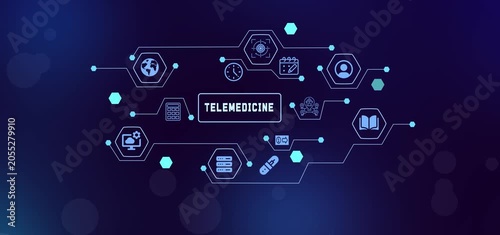 Futuristic healthcare information network showcasing digital telemedicine, patient monitoring, and medical tech.