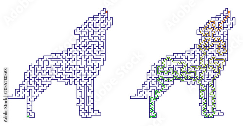 Wolf-shaped maze puzzle worksheet with solution path for all ages  