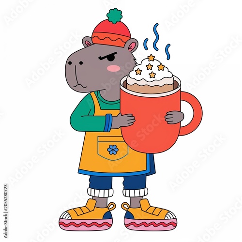 C capybara character holds a large cup of hot chocolate with cream  
