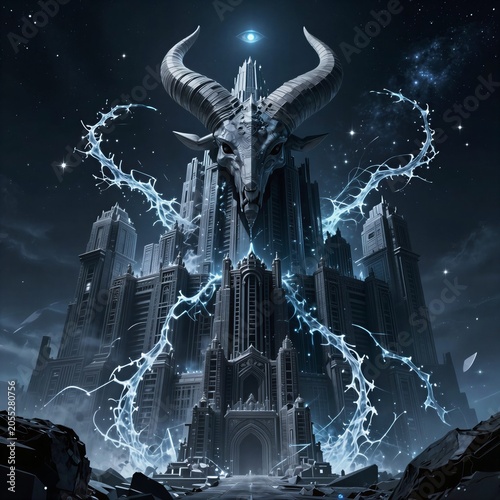 Monolithic obsidian fortress with Capricorn symbol and lightning backdrop  