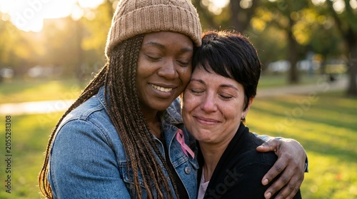 Black cancer survivor woman friendship support hugging pinkribbon recovery community Intimate composition emphasizes personal emotion and the survivor journey embraces close friend outdoors with