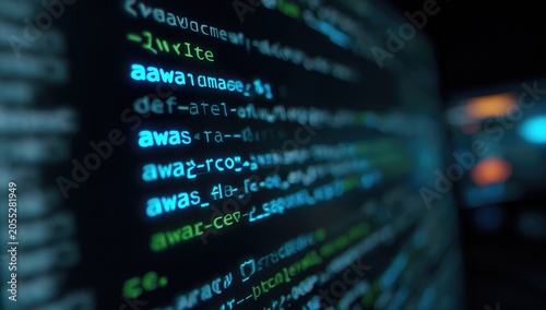 Close-up of computer screen displaying lines of abstract programming code in various light-blue shades. The background is dark