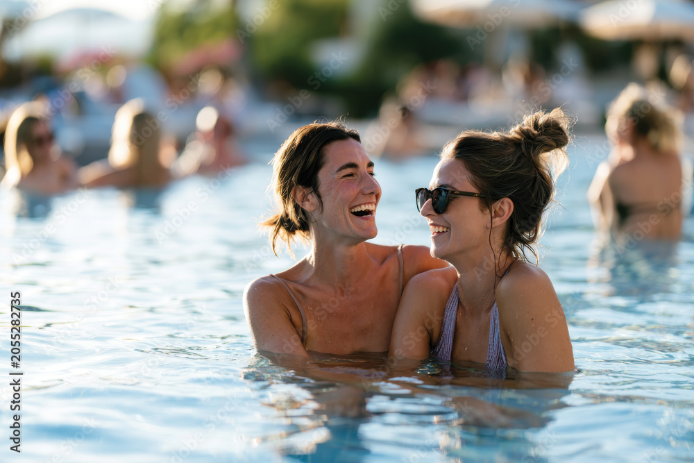 Fototapeta premium Two friends savor the joy of relaxation and laughter while enjoying a refreshing dip in the pool, highlighting the warmth of connection and shared moments.