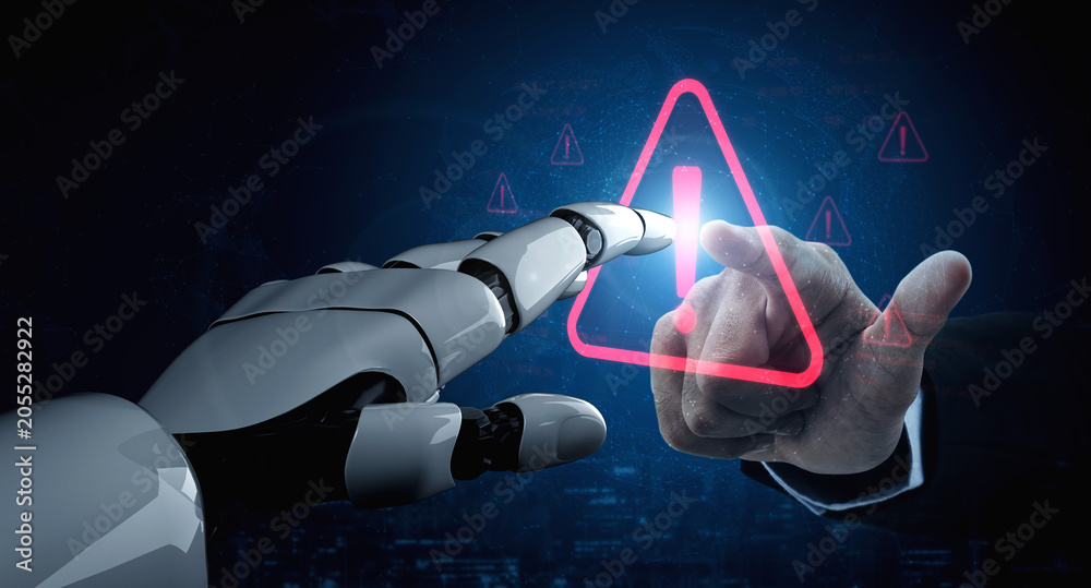 Obraz premium AI monitors network to issue real-time alerts for cybersecurity incidents. Alert warning showing red cyber for data breach, network threat, emphasis on security risk, caution, digital protection Vouch