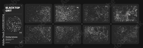 Foto Dark asphalt grunge vector texture set, realistic worn road surface grain backgr