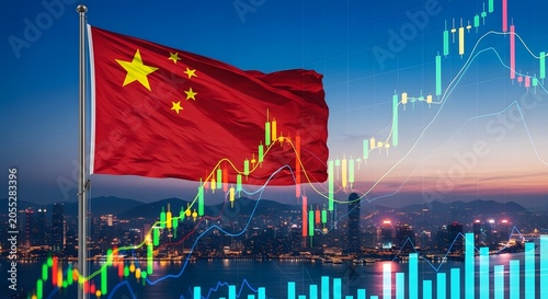 Chinese flag with stock market graphs and cityscape at dusk
