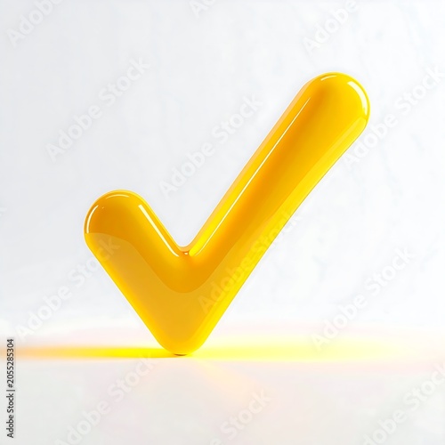 Glossy Yellow Check Mark Standing on Minimal White Background
