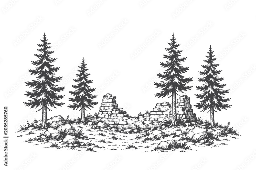 Obraz premium Detailed line art vector illustration of ancient stone wall ruins among forest trees, engraved historical landscape composition for design use