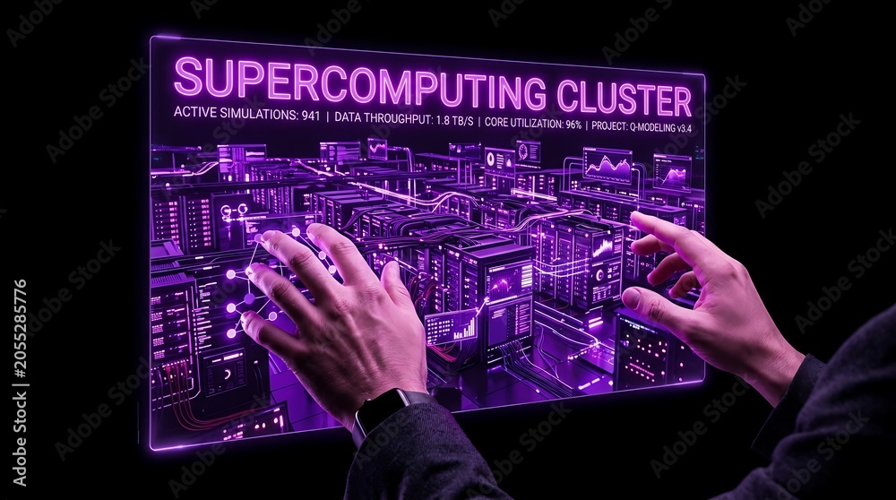 Fototapeta premium Professional technician interacting with a futuristic supercomputing cluster interface.