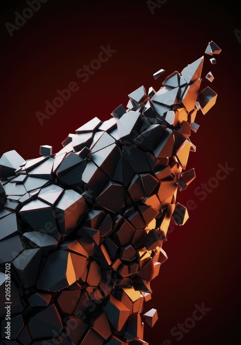 Digital abstraction featuring dynamic geometric shapes shattering into smaller components, illustrating breakdown and structural failure, conceptual, pattern, vector