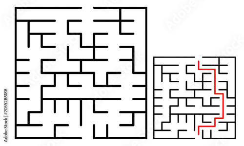 Maze puzzle game for kids rectangular grid 10 rows 10 coulumns transparent png with solution