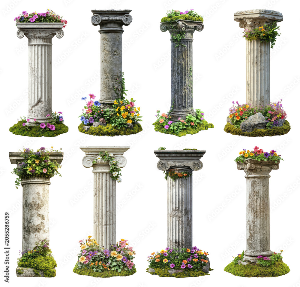 Naklejka premium PNG Ancient columns adorned flowers on transparent background