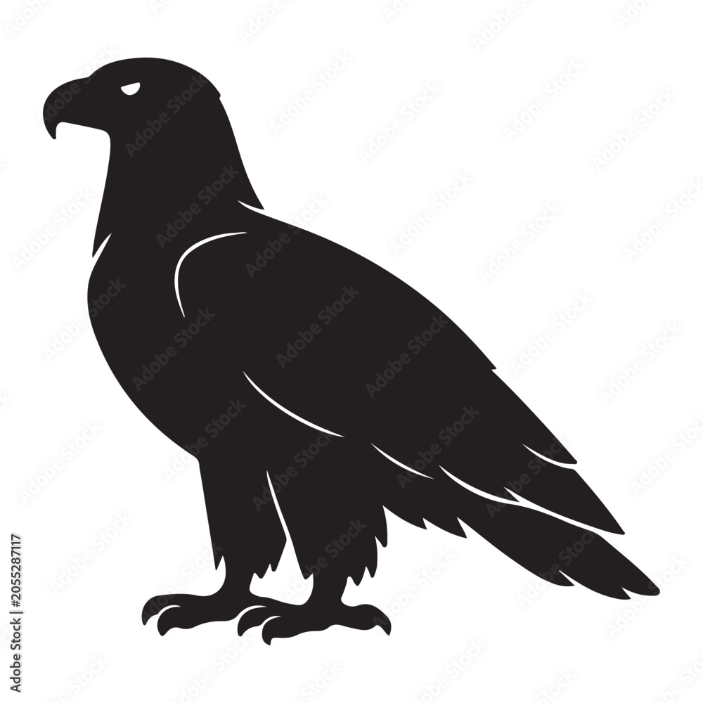 Fototapeta premium Eagle standing silhouette isolated on white background vector graphic illustration of wild predatory bird in profile pose.