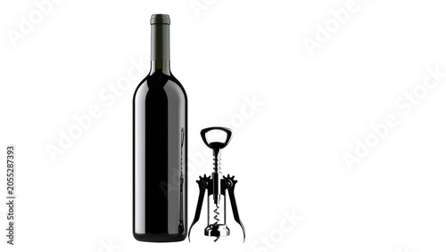 Fotografie Isolated dark wine bottle and modern corkscrew ready for opening a delicious vin