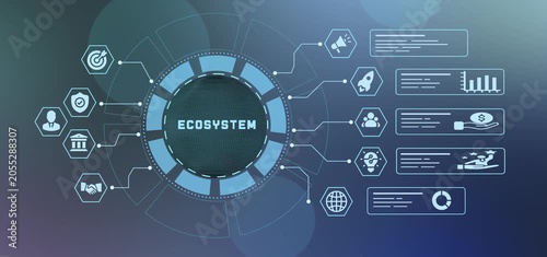 Interconnected digital software ecosystem concept featuring complex shared database nodes and data architecture.