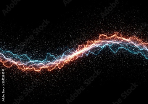 Vibrant abstract illustration showing energetic wave patterns and particle oscillation in deep, dark space. Geometric flow, visualization, flux, dynamic