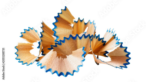 Bild auf Leinwand Isolated blue pencil shavings creating a decorative pile, colorful textured wood