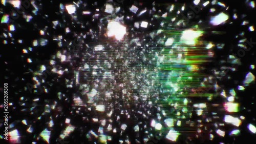 Explosive digital glitch art with shattering pixels and vibrant horizontal color bands Keywords: glitch, digital, abstract, art, background, technology, screen, television, distortion