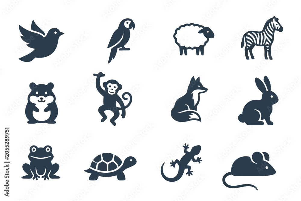 Obraz premium Collection of wild and domestic animal icons for wildlife or farm design projects with wildlife creature illustration silhouette