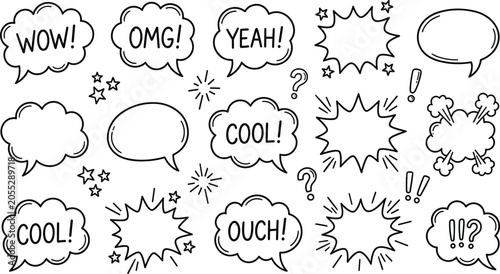Photos Comic Speech Bubble Outline Set with Wow, OMG, Yeah, Cool, Ouch, Explosion, and