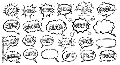 Tableau sur toile Dynamic collection of hand-drawn comic style speech bubbles with explosive sound effects and action exclamations on an isolated white background