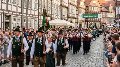Traditional German marksmen parade featuring marching bands and musicians in historical costumes through a picturesque timber framed town center