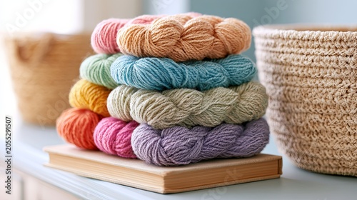 Colorful Yarn Skeins Colorful Yarn Skeins for Knitting and Crochet Craft, Colorful Yarn Skeins Stacked for Handmade Textile Projects and Creative Fiber Art Background