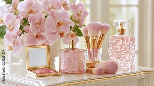 Luxury Pink Cosmetics Luxury Pink Cosmetics with Orchid Flowers and Elegant Perfume Bottle, Luxury Pink Cosmetics Beauty Vanity for Feminine Makeup Branding and Premium Skincare Lifestyle Background