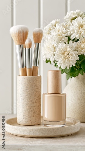 Minimalist Beauty Cosmetics with Makeup Brushes and Nude Foundation Bottle, Minimalist Beauty Cosmetics for Clean Beauty Branding, Skincare Marketing and Elegant Wellness Lifestyle Background