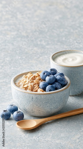 Blueberry Oatmeal Breakfast Bowl with Fresh Blueberries and Creamy Yogurt, Blueberry Oatmeal Breakfast Bowl for Healthy Nutrition, Clean Eating Lifestyle and Wellness Food Concept