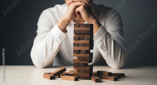 Unstable jenga tower with woman in background risk and failure concept