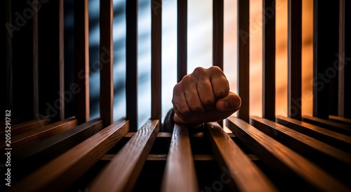 Hand clenched on wooden bars symbolizing imprisonment and struggle