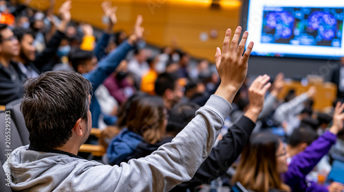 Philosopher of mind and neuroscientist co-presenting consciousness research to a packed lecture theater audience, slide showing neural correlate diagrams, audience members raising hands in vigorous 