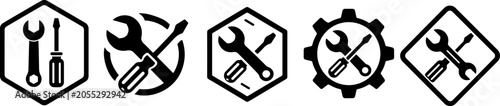 Modern icon set with crossed wrench and screwdriver alongside gear with tools, designed for maintenance and service application concepts. eps