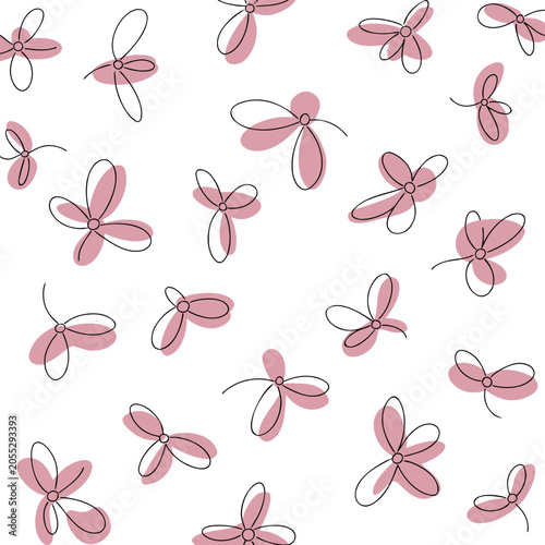 Seamless pattern with hand drawn abstract pink flowers simple line art vector illustration on white background decorative wallpaper.