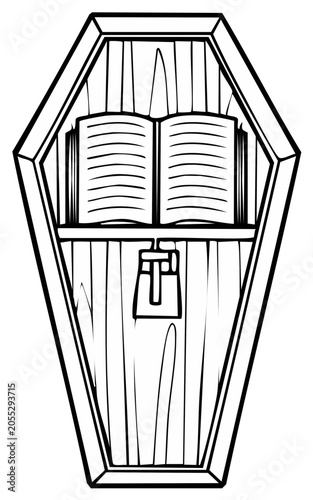 Open Book Inside Wooden Coffin Illustration for Halloween or Occult Themes